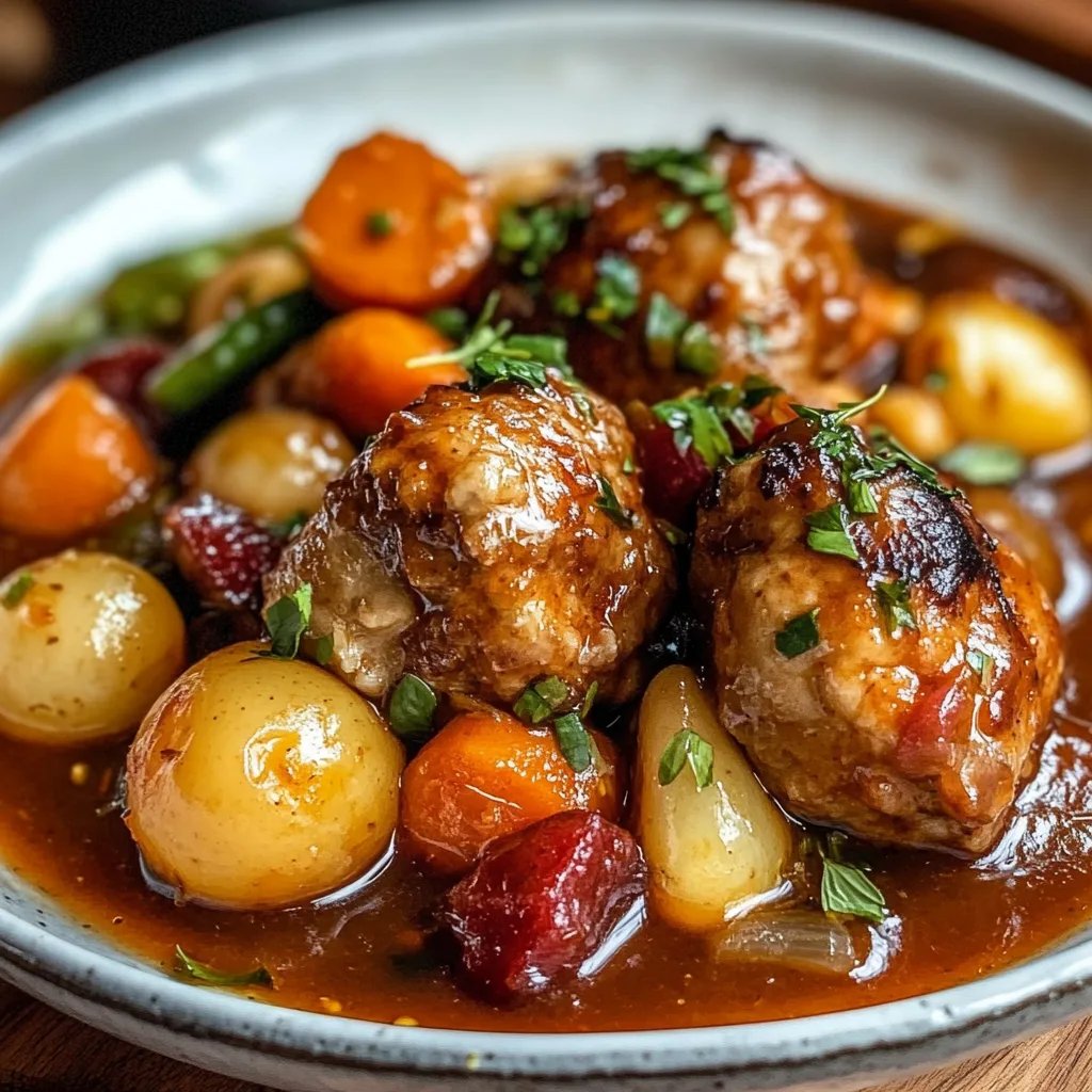 Deftiger Rosenkohleintopf mit würzigen Hackbällchen und Gemüse