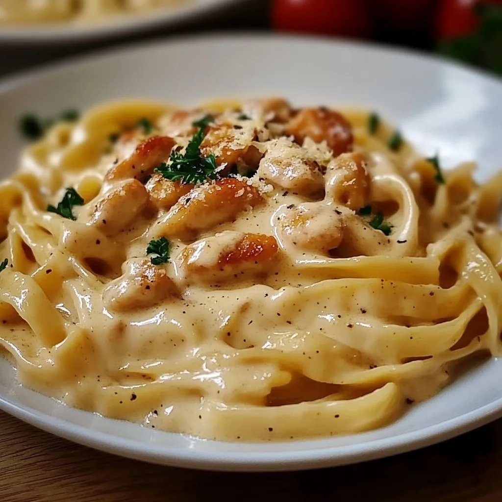 Hähnchenstreifen mit 250g Nudeln in Sahnesauce