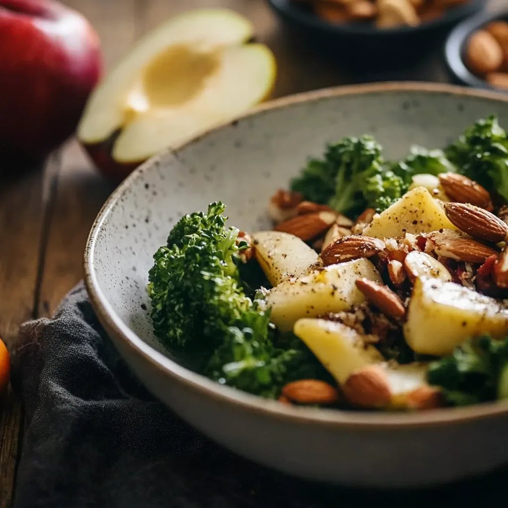 Knackiger Brokkolisalat mit würzigem Käse, Apfel und Mandeln