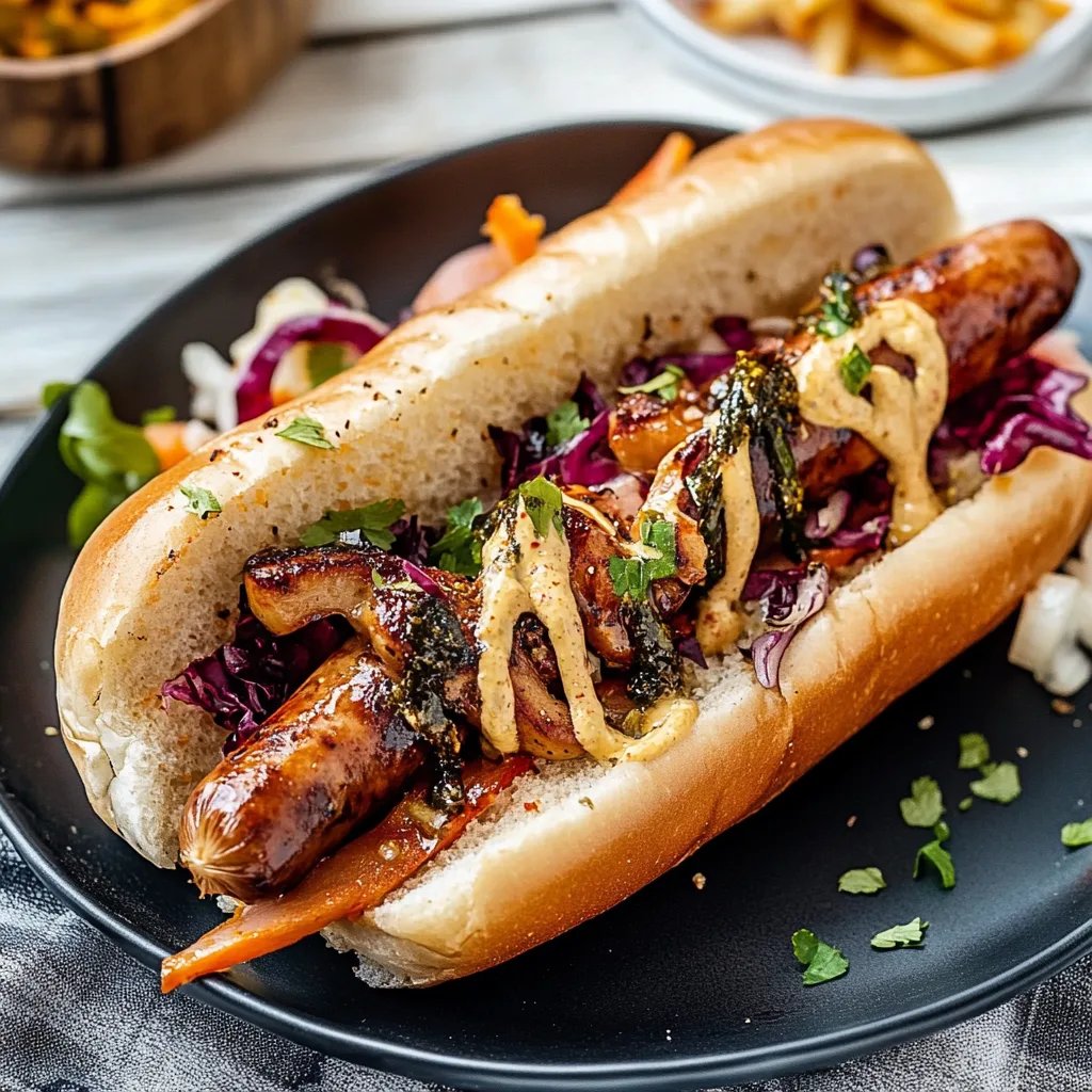 Bayern-Hotdog mit Rotkohl und Bratwurst